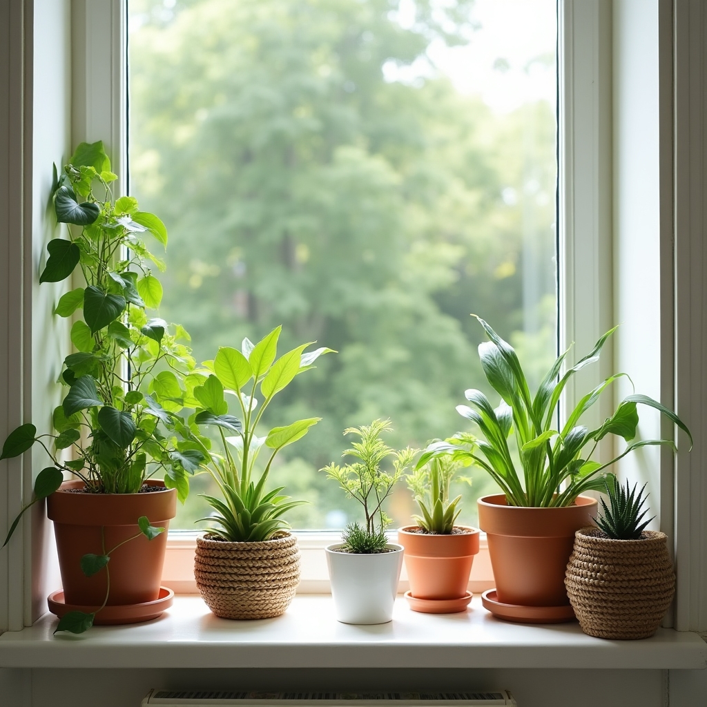 Collection of houseplants arranged on a windowsill with bright natural light streaming in