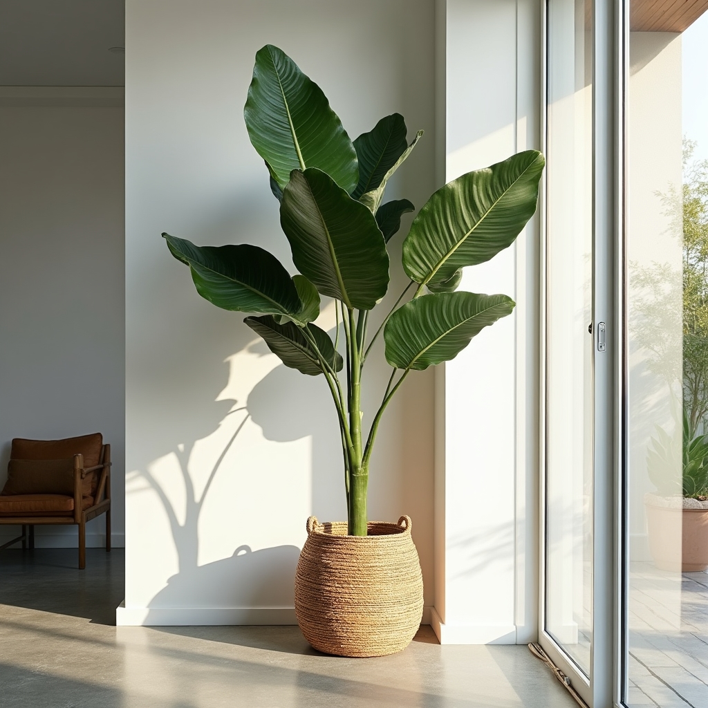 Fiddle leaf fig tree with large glossy leaves positioned in a bright room corner