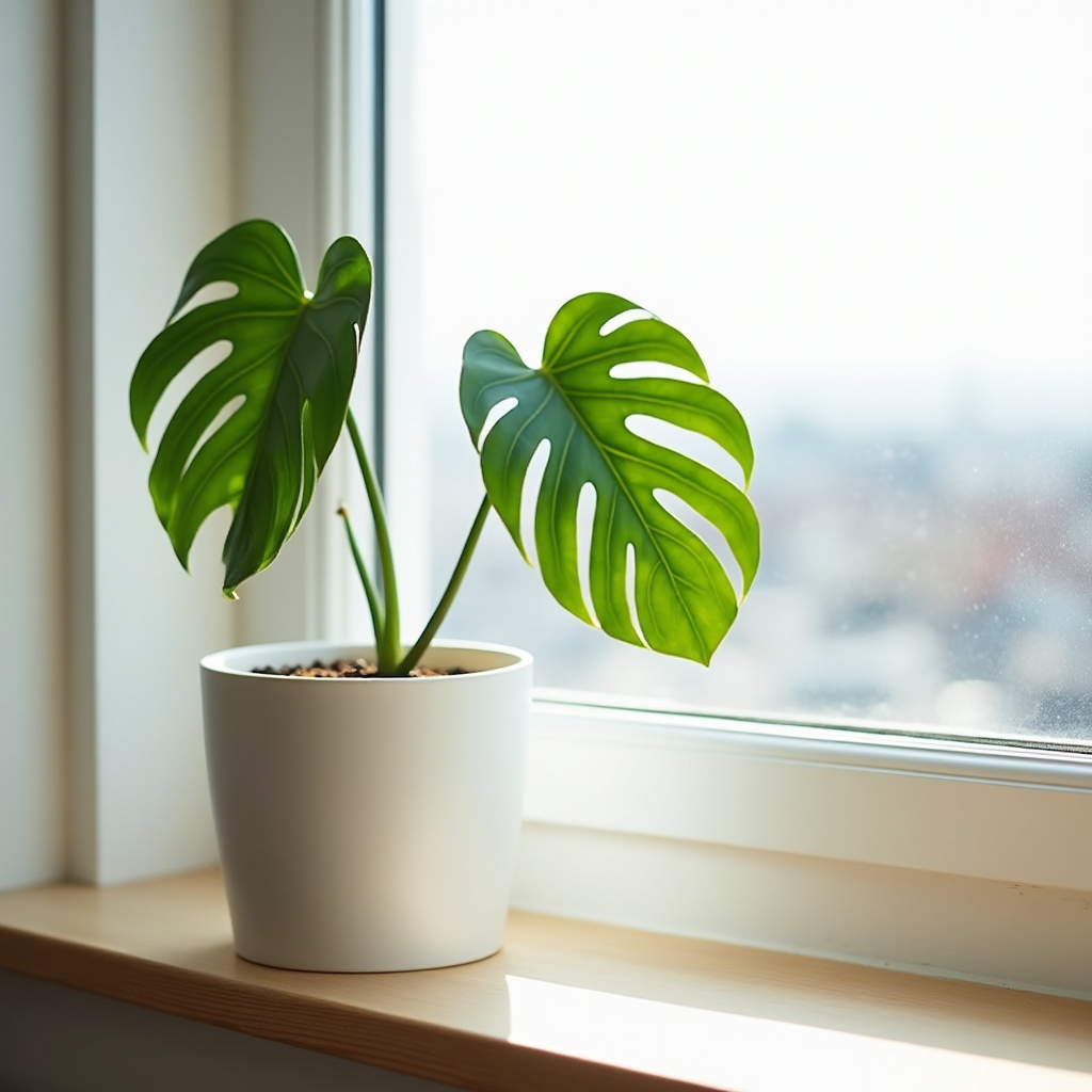 Young monstera deliciosa plant with split leaves near a bright window