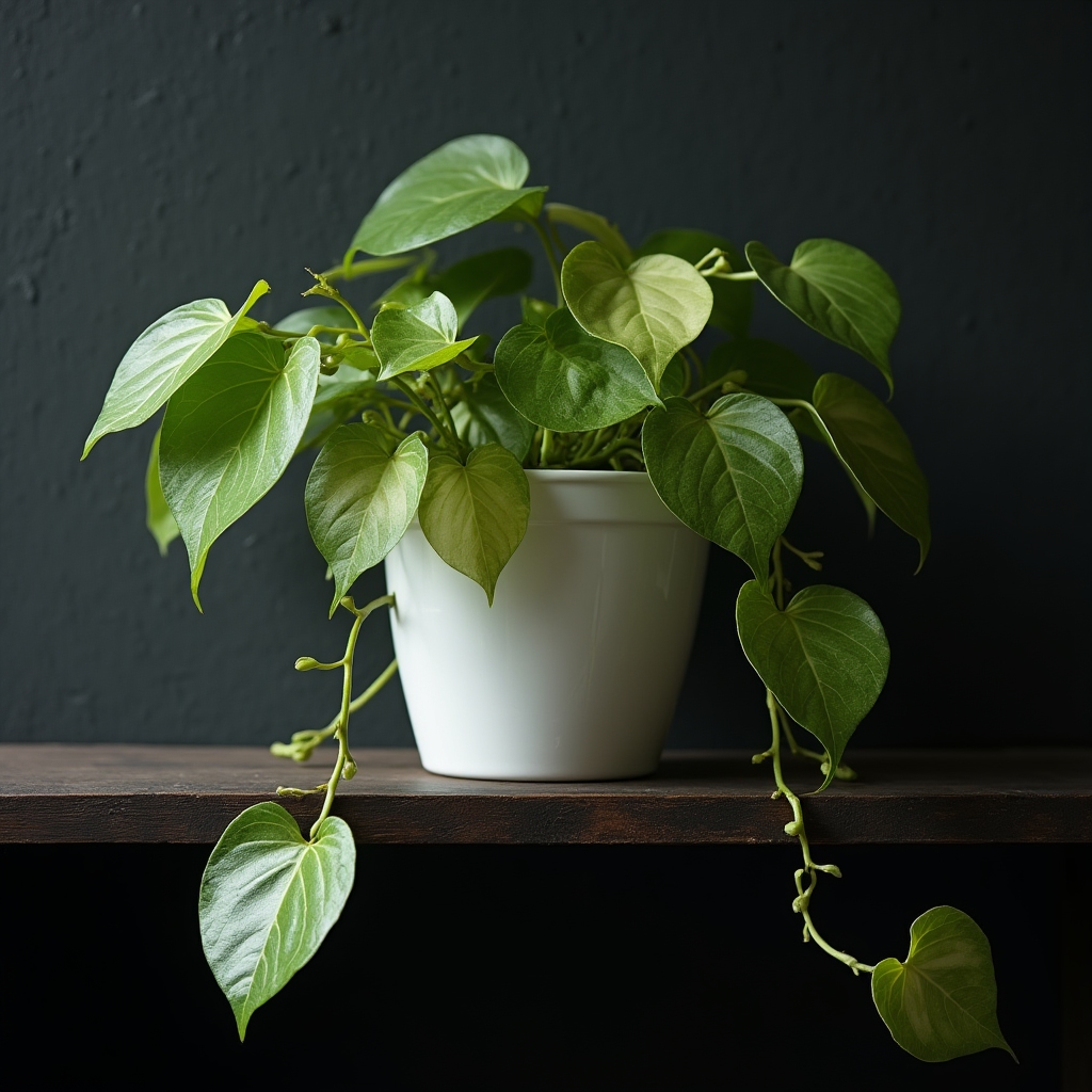 Golden pothos plant in a small nursery pot, trailing vines visible