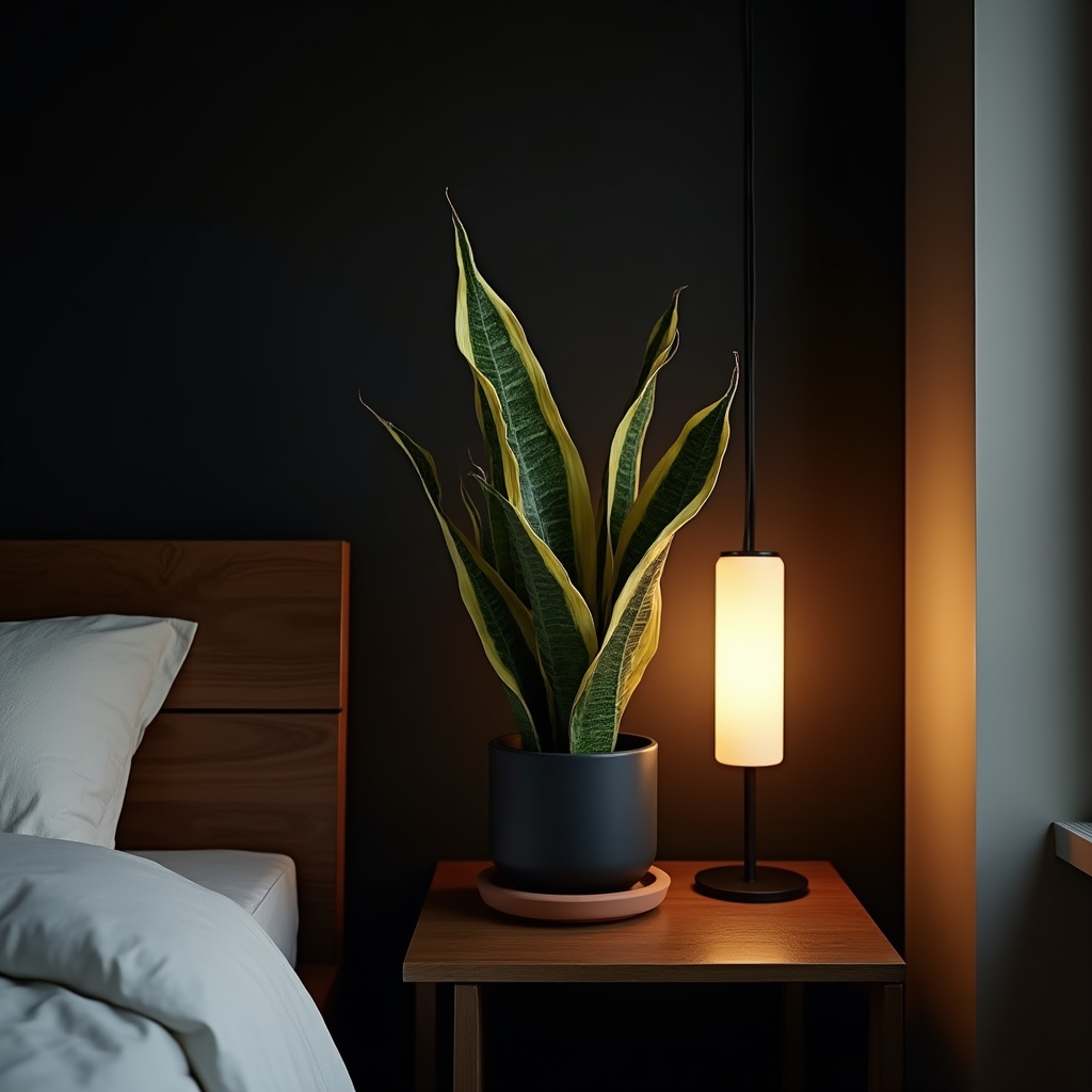 Sansevieria snake plant with upright striped leaves in a terracotta pot